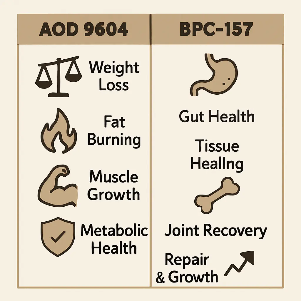 Chart illustrating the benefits and uses of AOD 9604 and BPC-157