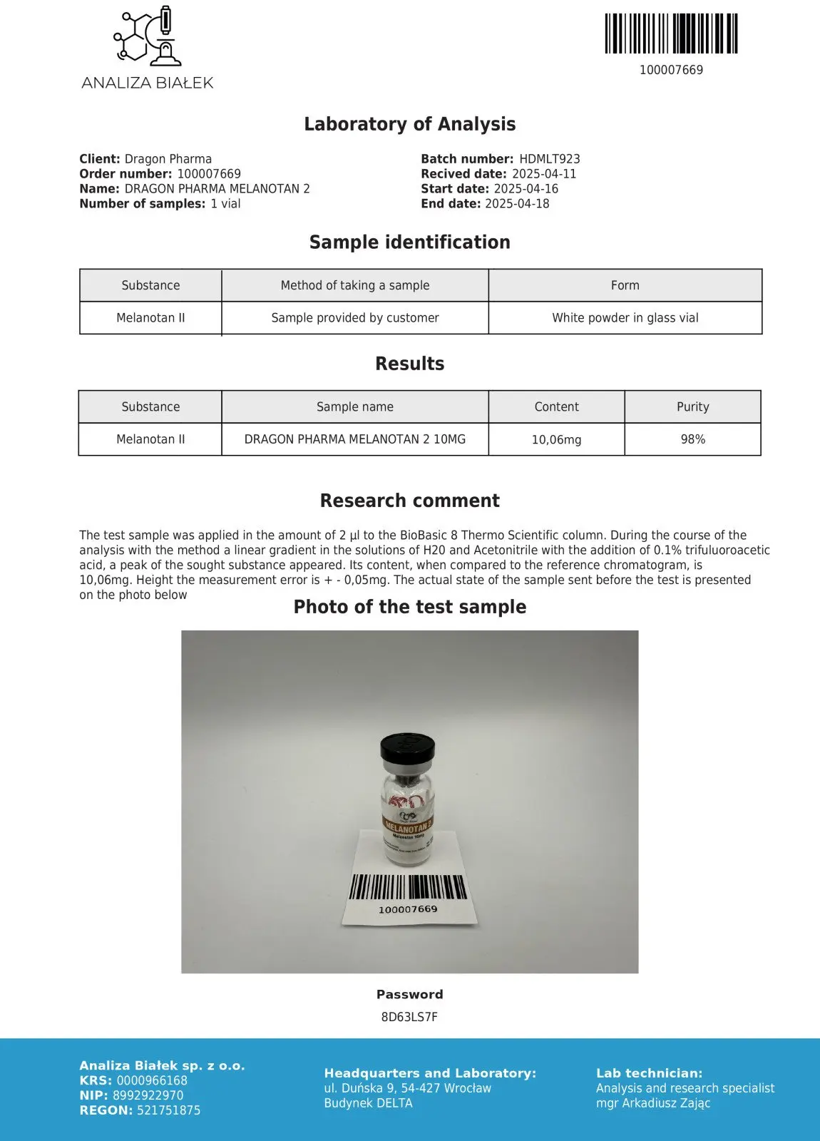Dragon Pharma MELANOTAN lab tested
